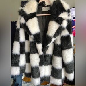 ASOS DESIGN Faux Fur Checkerboard Print Coat in Black & White in size 14